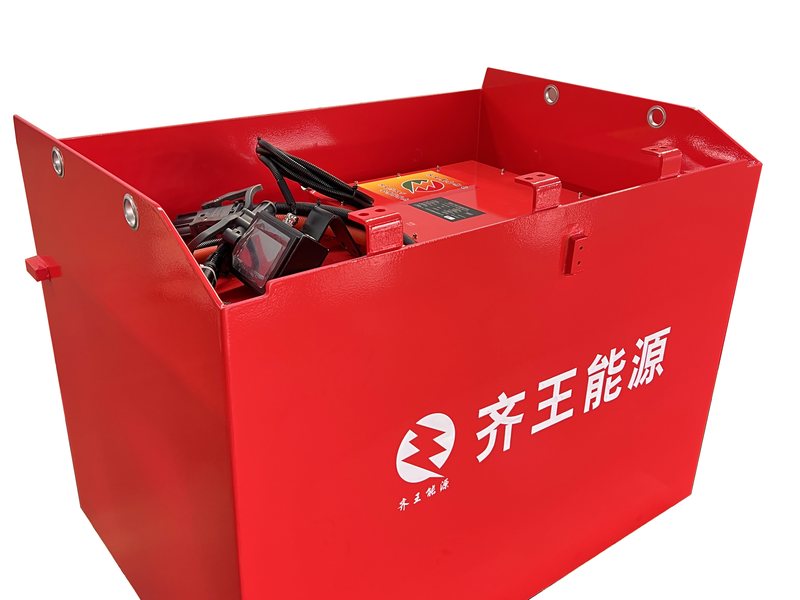 LiFePO4 forklift traction pack in a red steel enclosure