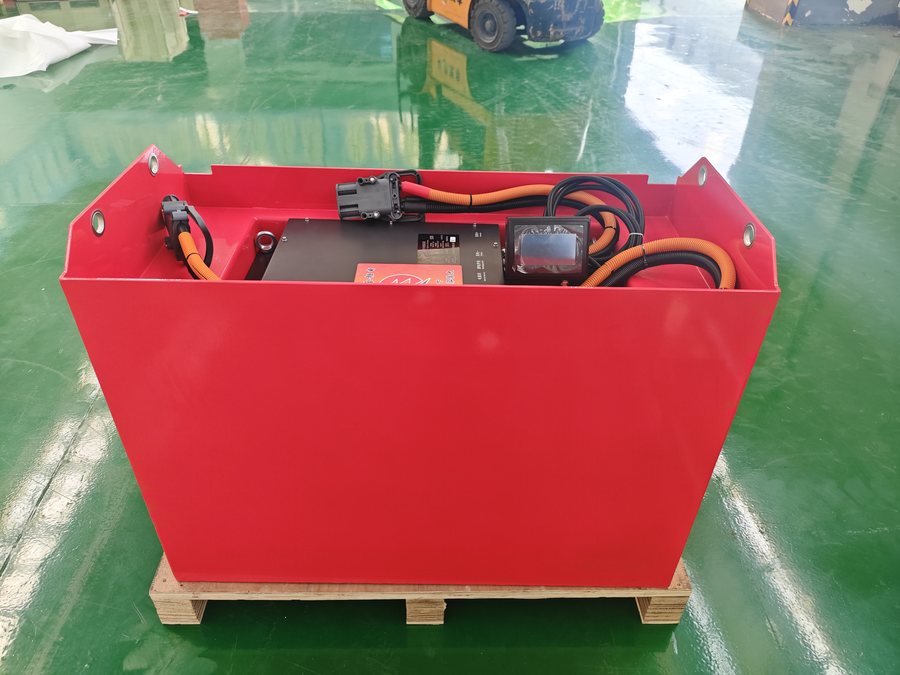 Red LiFePO4 traction pack enclosure shown from a three-quarter angle